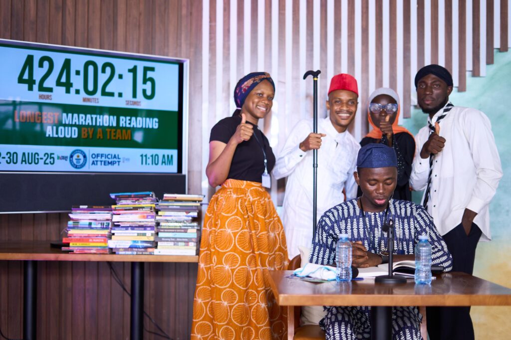 From left, Preciouslight Ukachi, John John Obot, Keturah Heman, Ogunremi Temitope Timothy and Stephen A Oyelami, a team of five Nigerians who read aloud nonstop for over 400 hours in an attempt to break the Guinness world record, pose for a photo in Mazimi @ The Library Lagos, Nigeria on Aug. 30.